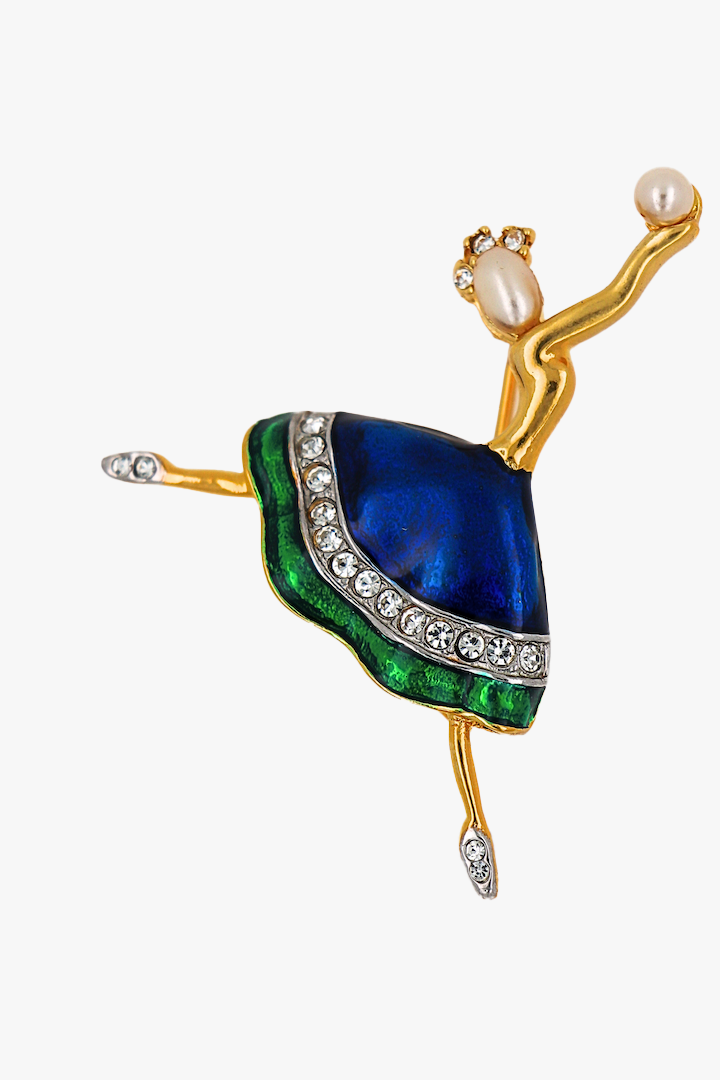 Broche vue de face en forme de danseuse dorée avec des détail bleu, vert, et perles