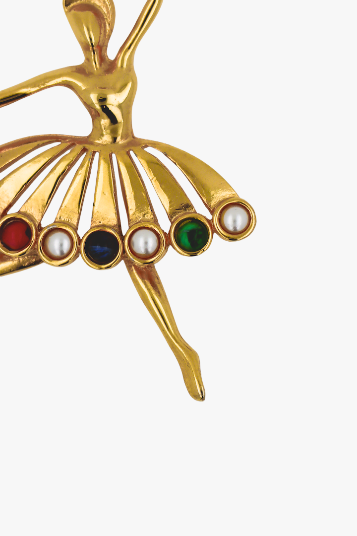 Broche silhouette danseuse étoile jupe ornée de perles colorées rouge bleu. vert blanc dorée 