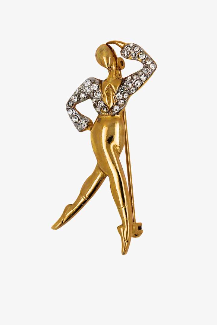 Broche danseuse étoile dorée et ornée de strass argentée silhouette vintage fantaisie 