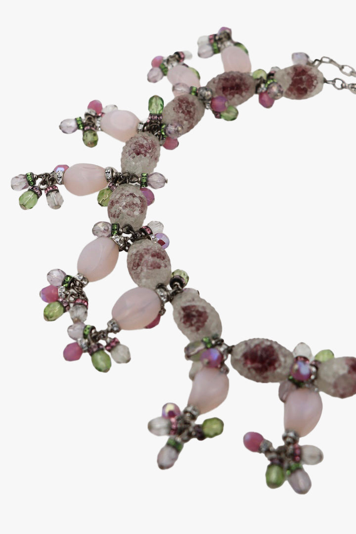 Collier Charlotte Vintage en perles vertes roses et violettes- Françoise Montague