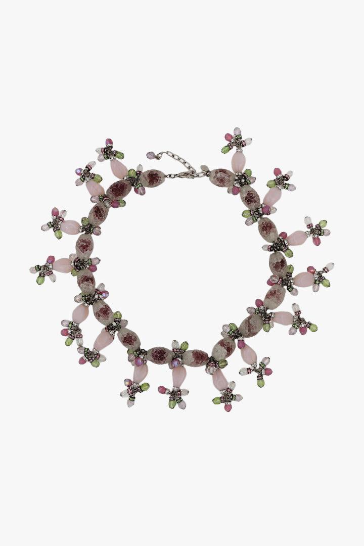 Collier Couture Charlotte Vintage en perles vertes roses et violettes- Françoise Montague fait à la main