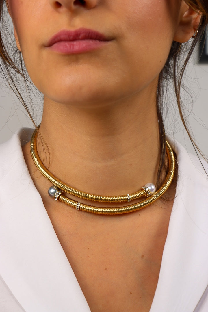 collier doré perles griseset blanches opaline ras de cou chocker strass Swarovski