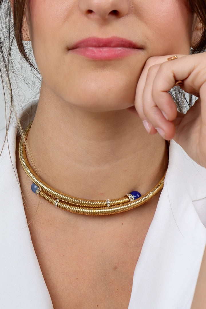 collier doré ras de cou chocker bleu et bleu jean calcédoine strass Swarovski
