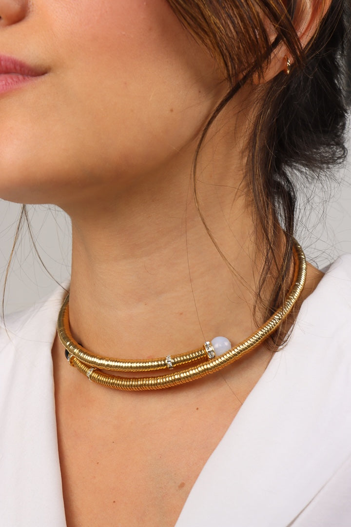 collier doré perles noire et blanche opaline ras de cou chocker  strass Swarovski