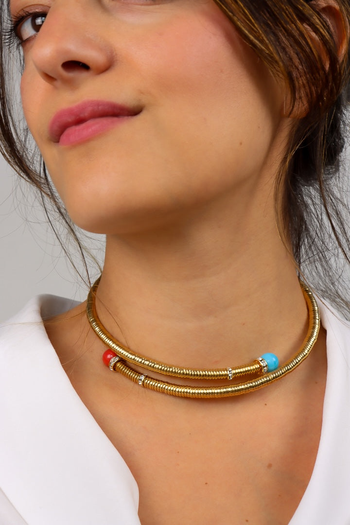 collier doré perles rouges et bleues chocker strass Swarovski