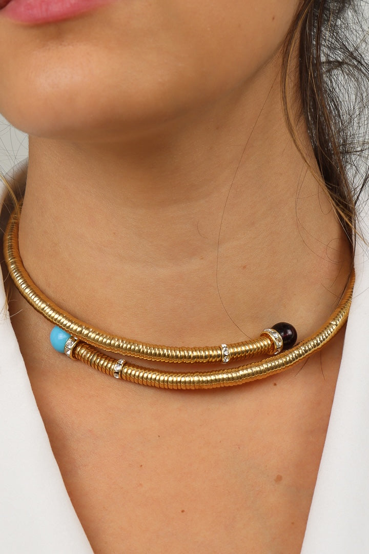 collier doré ras de cou doré Bleu et violet strass Swarovski bijou fait main 