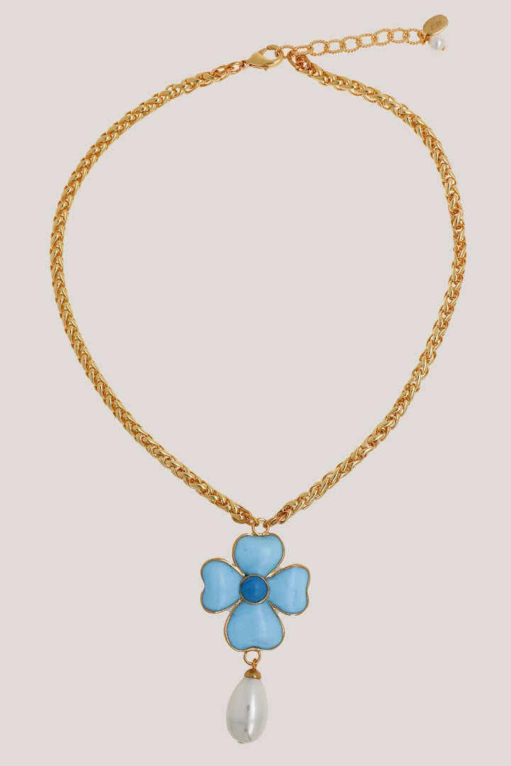 Collier Pendentif en pâte de verre bleu turquoise et perles chaîne or doré