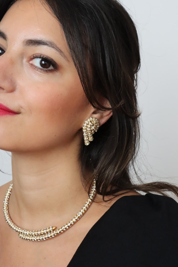 Paire de boucles d'oreilles et collier en rondelle de strass doré 