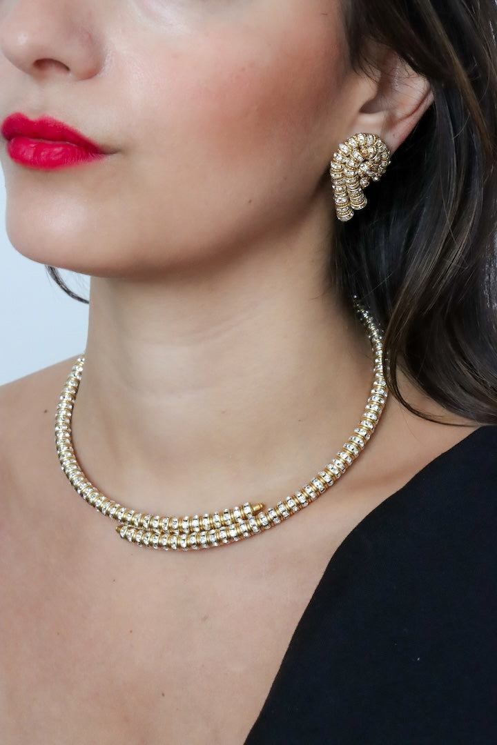 Collier court ras de cou et boucles d'oreilles clip en rondelle de strass doré - bijou fait main à PARIS