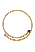 Collier ras de cou dorée et perles bleu clair et bleu foncé petrole 