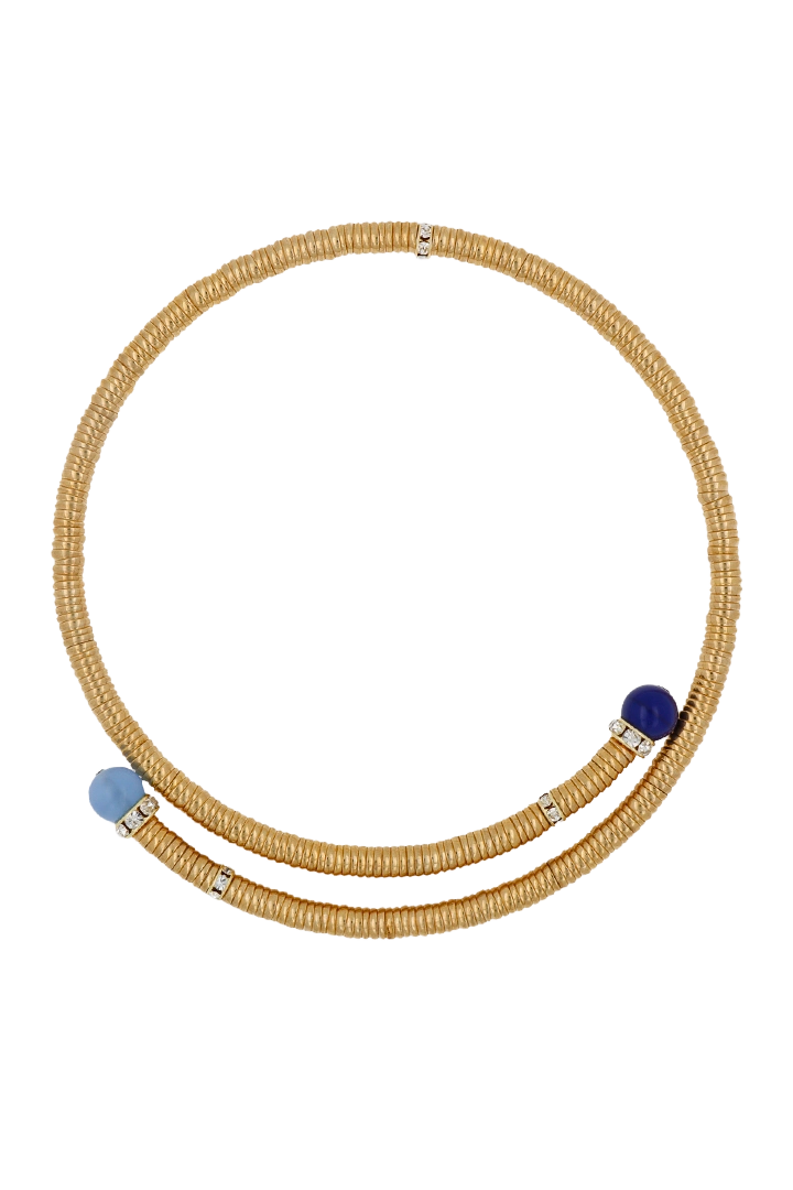 Collier ras de cou dorée et perles bleu clair et bleu foncé petrole 