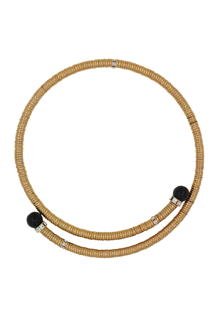 Collier ras de cou dorée et perles noir et strass argentée et dorée