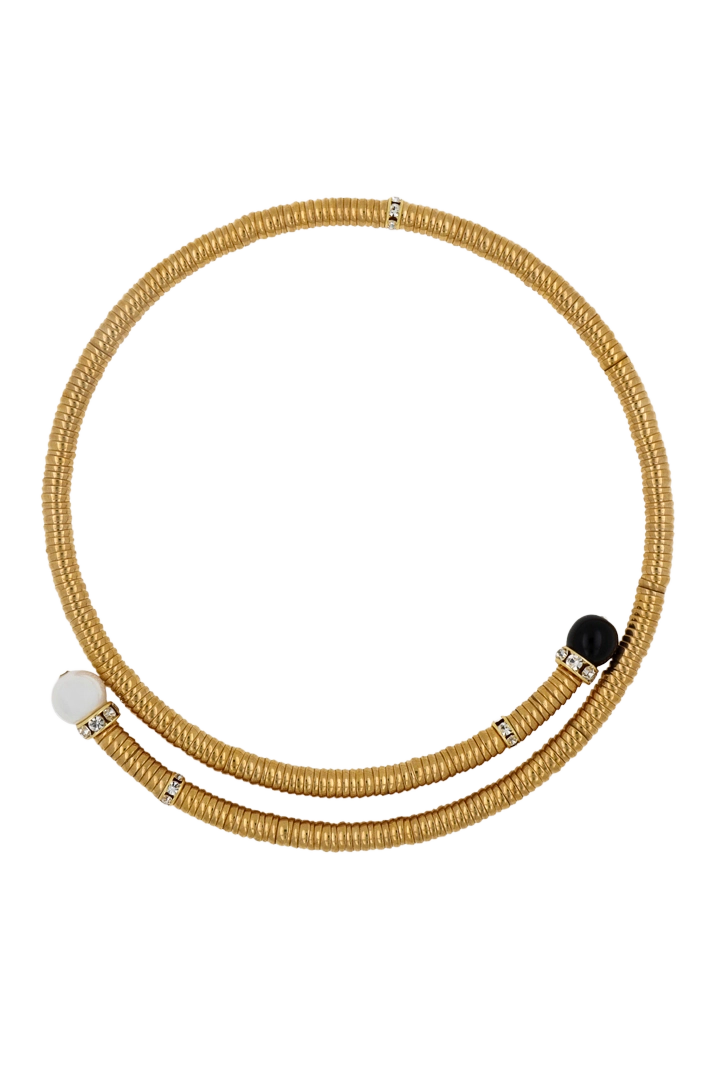 Collier ras de cou dorée et perles noir et opaline