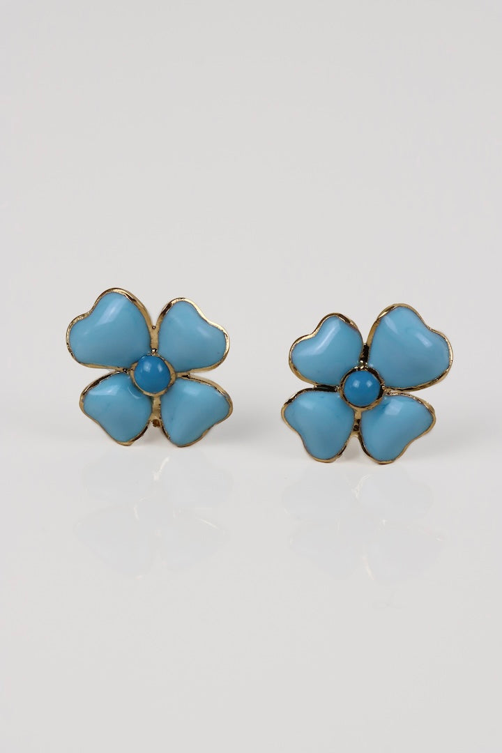 Boucles d'oreilles motif trèfle pâte de verre bleu turquoise fermoir clip doré