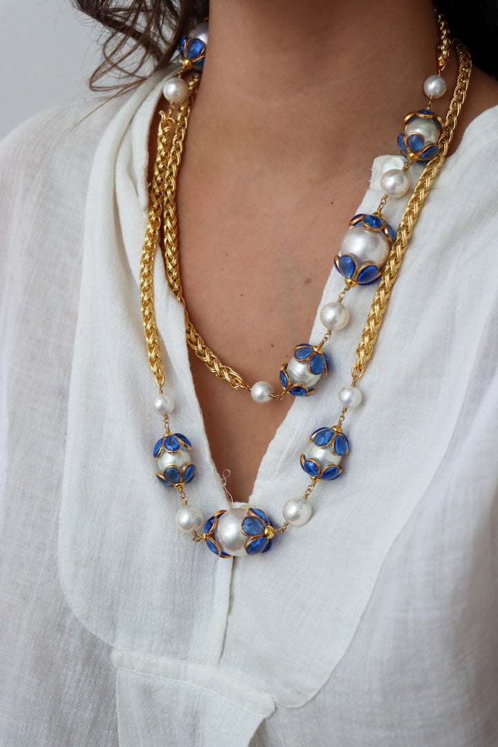 Sautoir avenue - perles et pâte de verre bleu saphir 