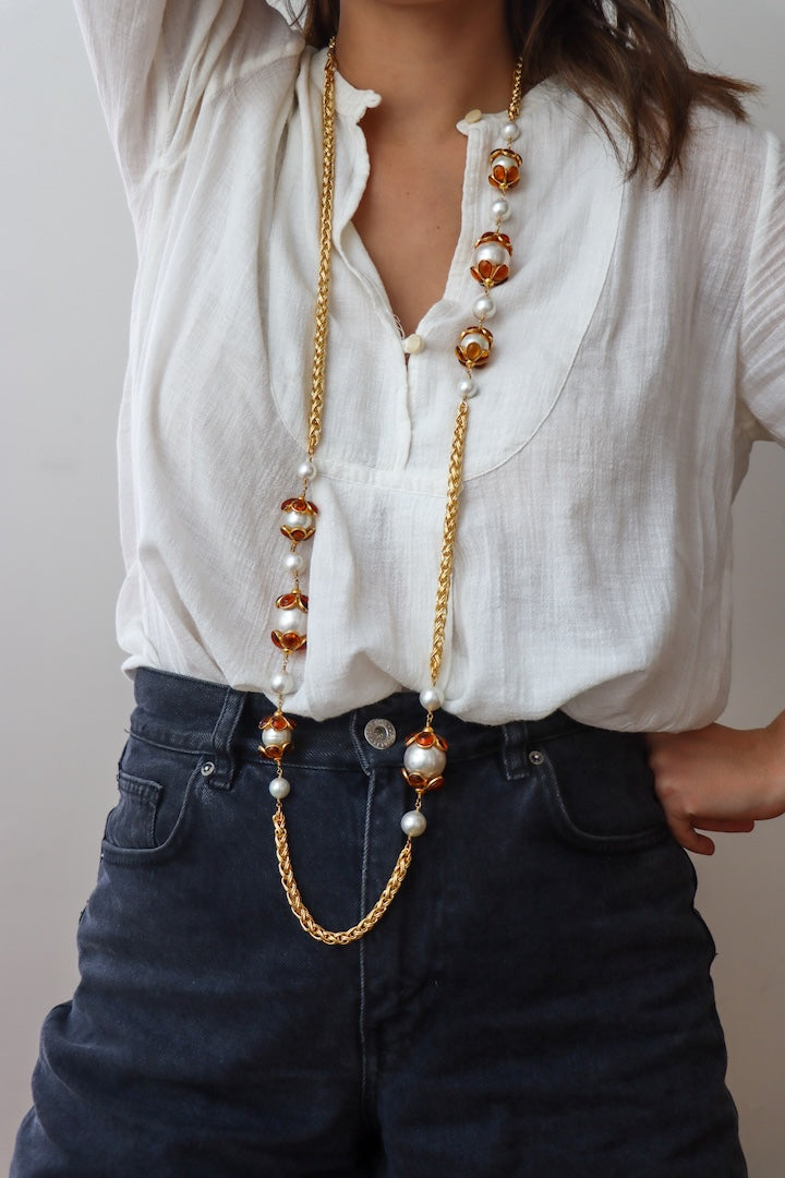 Sautoir en pâte de verre  couleur miel topaze et en perles fantaisie de luxe