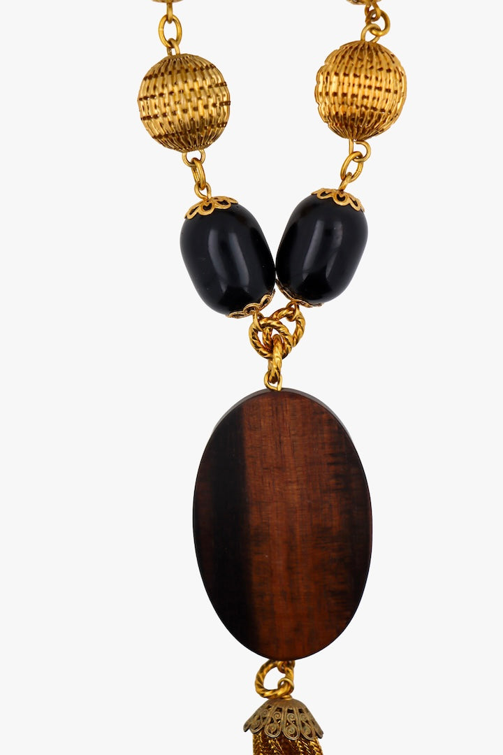 Sautoir En perles Doré et noir détail de bois - Bijou fantaisie de luxe 