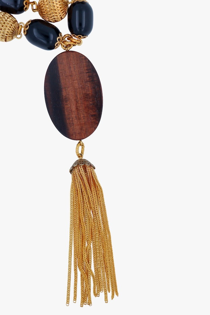 Sautoir En perles détail Doré, bois et noir - Bijou fantaisie de luxe fait à la main