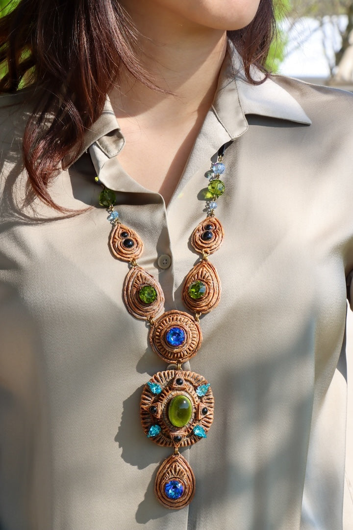 sautoir fantaisie vintage de luxe Henry bleu vert et turquoise vintage collection