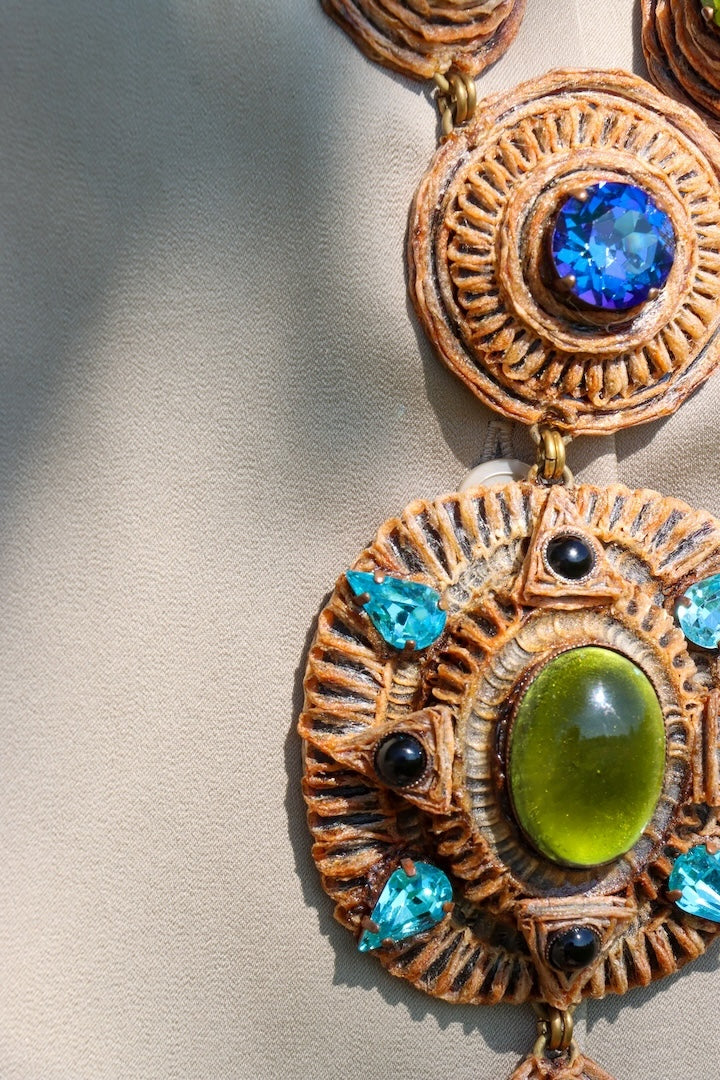 sautoir en résine fantaisie vintage de luxe Henry bleu vert et turquoise