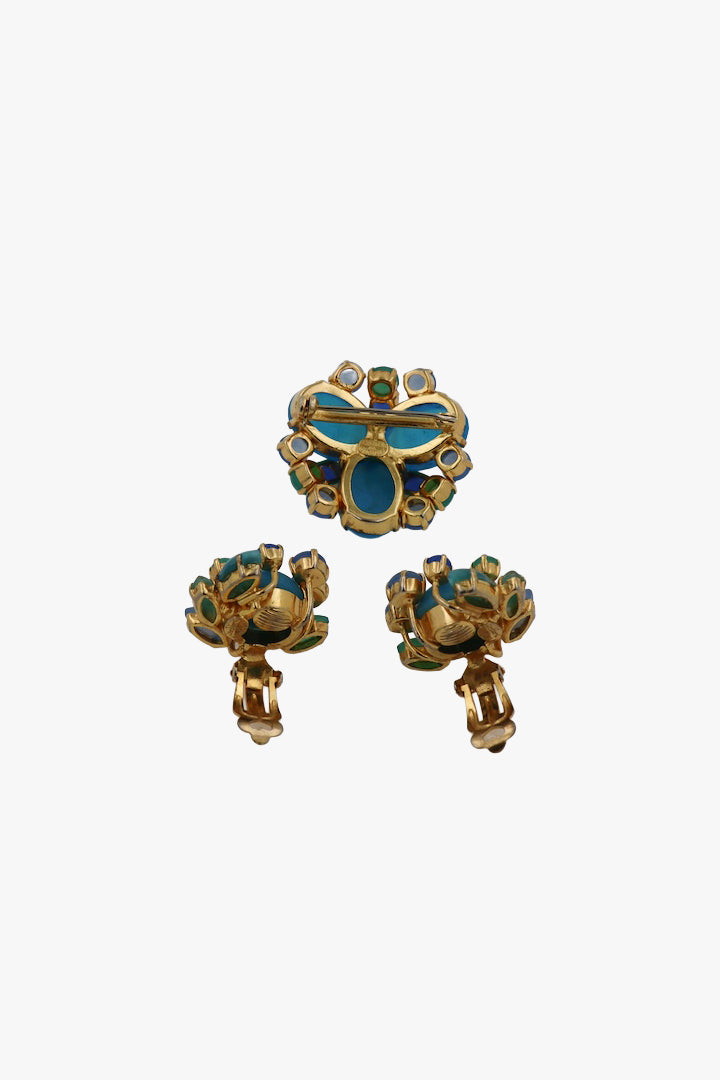 Broche et boucles d'oreilles Dior bleu et vert vintage des années 60 - Françoise Montague 