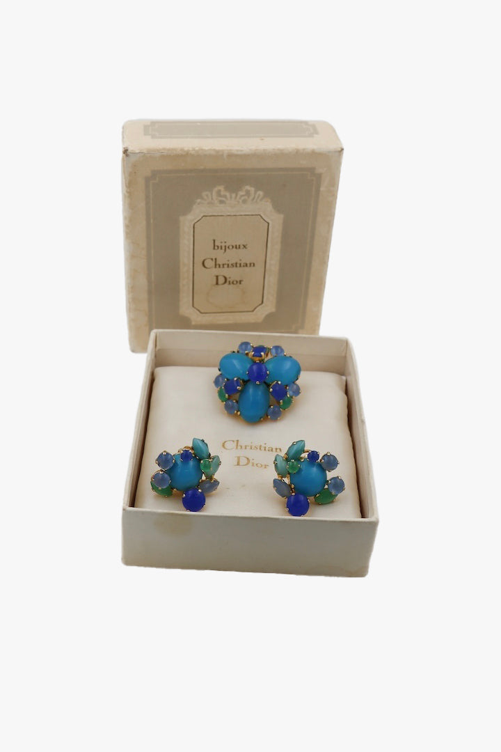 Set boucles d'oreilles bleu et verte et sa Broche Christian Dior 1966 Vintage - Françoise Montague
